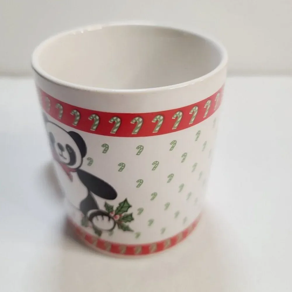Vintage Kawaii Panda Bear Candy Cane Christmas Ceramic Coffee Mug